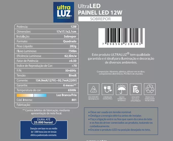 Painel Plafon Led 12w 6500k Sobrepor Branco Bivolt Ultraluz - Image 5