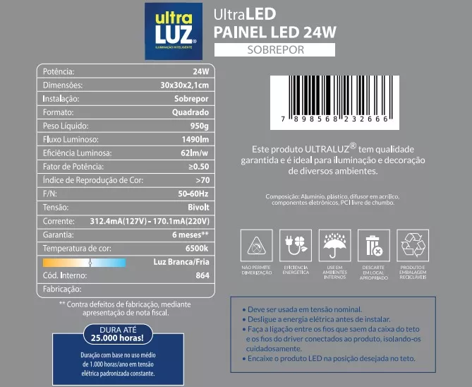 Painel Plafon Led 24w 6500k Sobrepor Branco Bivolt Ultraluz - Image 6